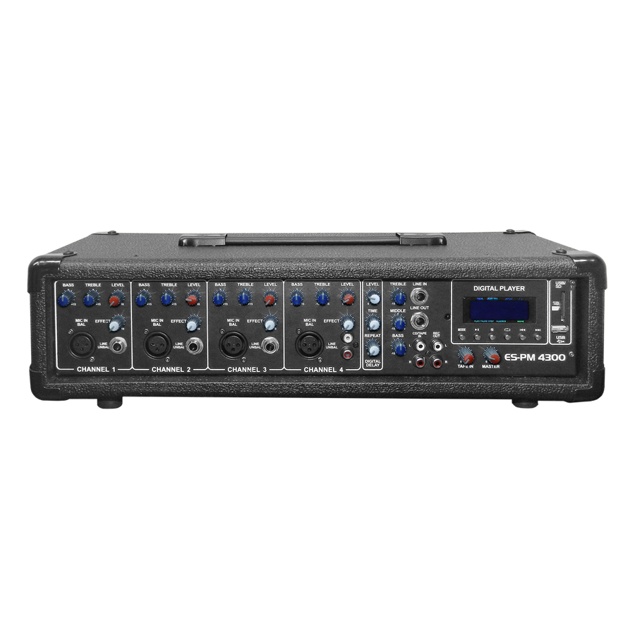 MEZCLADORA AMPLIFICADA, 4 CANALES, 80W, ECUALIZADOR, USB, SD, XLR