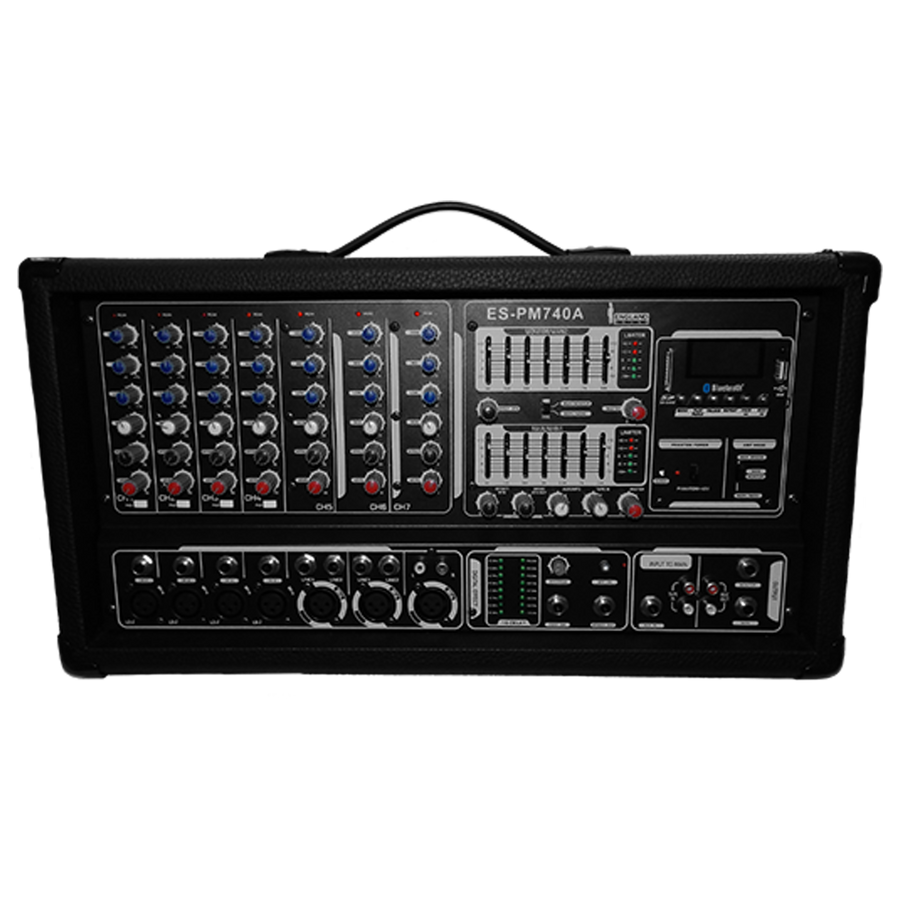 Mezcladora Amplificada, 7 canales, 2X250W, Ecualizador, USB, SD CARD, BT, MP3, PHANTOM POWER. ES-PM740A