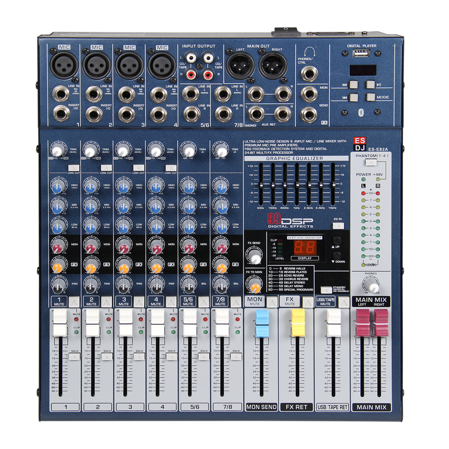 CONSOLA ANALOGA, 8 CANALES, 4 MONO/2 ESTEREO, INTERFAZ USB, BT, MP3