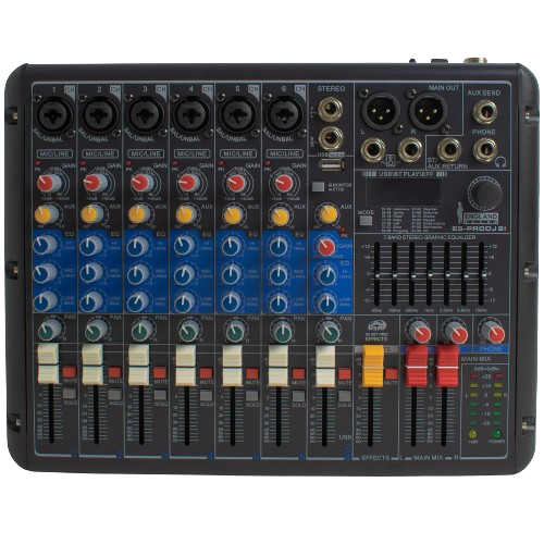 CONSOLA ANALOGA, 8 CANALES, 6 MONO/1 ESTEREO, INTERFAZ USB, BT, MP3