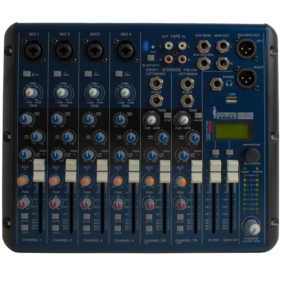 England Sound, Consola de audio de 8 canales, Interfaz USB, Ecualizador de 3 bandas, ES-MR8FI