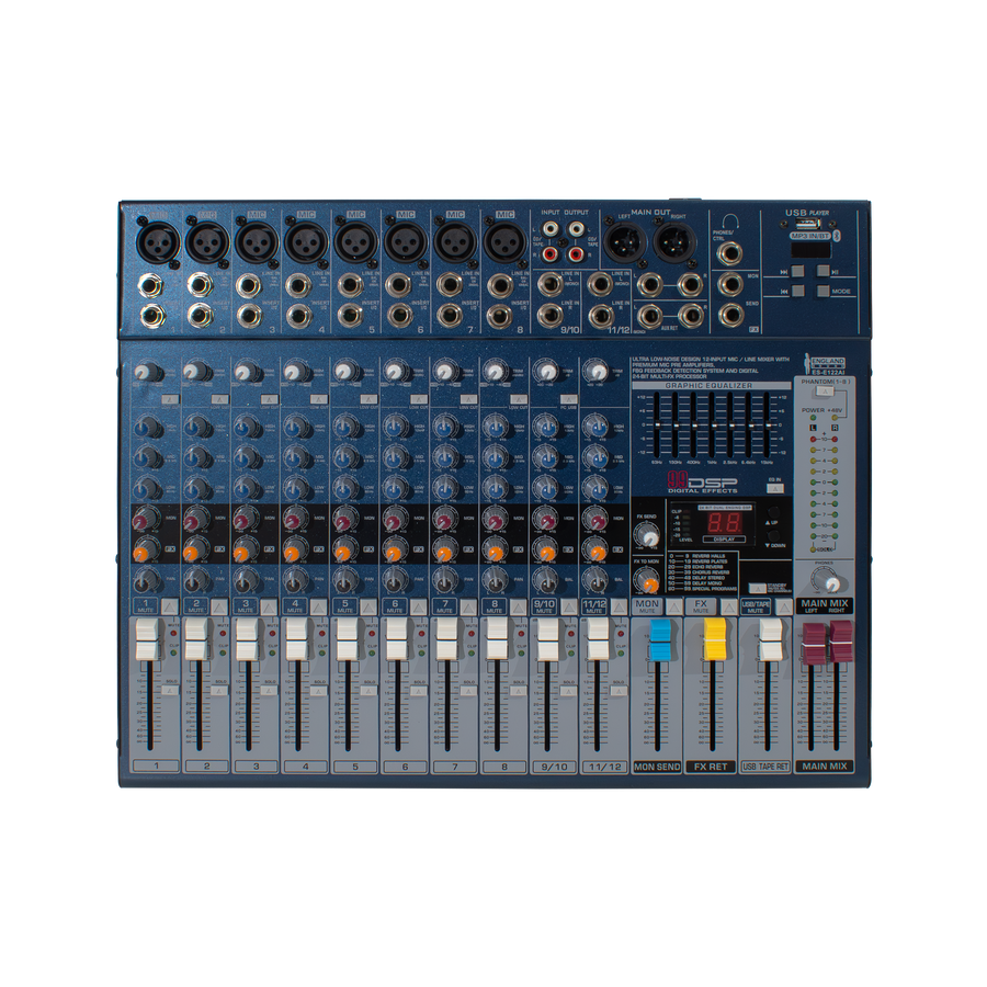 CONSOLA ANALOGA, 12 CANALES, 8 MONO/2 ESTEREO, INTERFAZ USB, BT, MP3