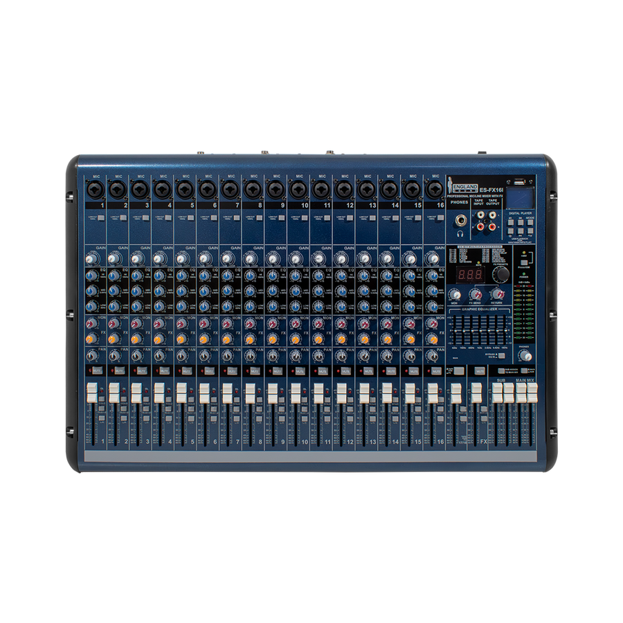 CONSOLA ANALOGICA 16 CANALES, BLUETOOTH, 2 GRAFICO DE 7 BANDAS, EQ, INTERFAZ USB