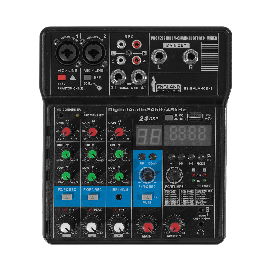 CONSOLA ANALOGA, 4 CANALES, 2 MONO/2 ESTEREO, INTERFAZ USB, BT, MP3