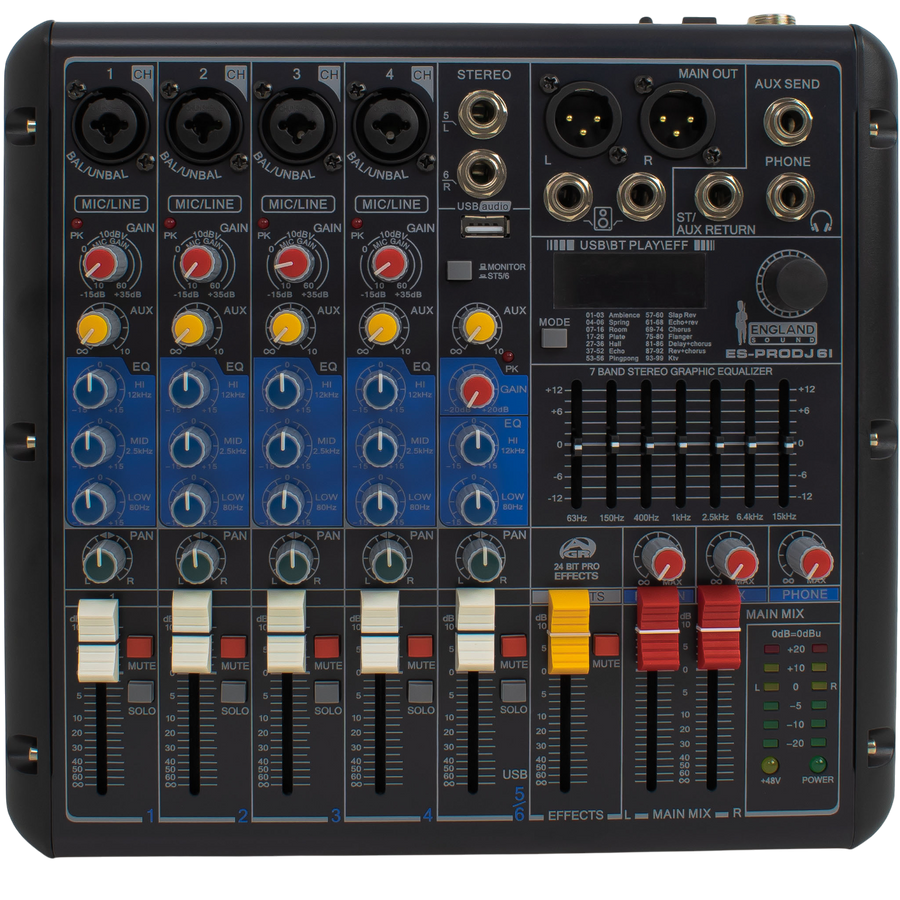 CONSOLA ANALOGA, 6 CANALES, 4 MONO/1 ESTEREO, INTERFAZ USB, BT, MP3