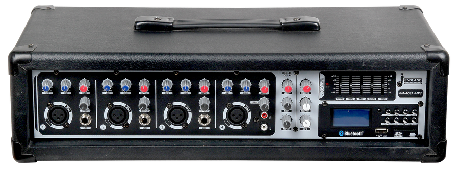 MEZCLADORA AMPLIFICADA, 4 CANALES, 100W, USB, SD CARD, BT, MP3, 4 OHM
