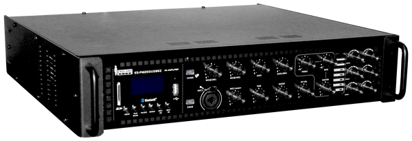 MEZCLADORA AMPLIFICADA, 6 ZONAS CON CONTROL REMOTO, 250W, USB, SD CARD, MP3, BT, RADIO FM, 70V-100V, 4-16 OHM, SIRENA, TIMBRE
