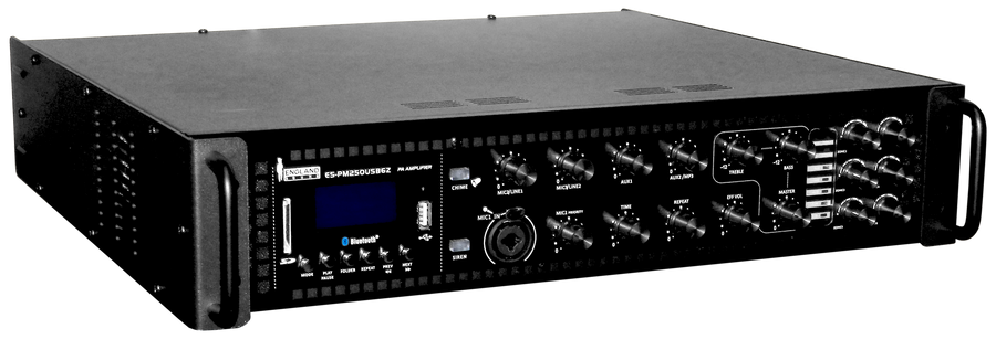 MEZCLADORA AMPLIFICADA, 6 ZONAS CON CONTROL REMOTO, 250W, USB, SD CARD, MP3, BT, RADIO FM, 70V-100V, 4-16 OHM, SIRENA, TIMBRE
