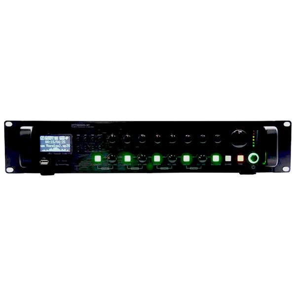 MEZCLADORA AMPLIFICADA, 4 ZONAS CON CONTROL REMOTO, 120W, USB, SD CARD, MP3, BT, RADIO FM, 100V, 4-8 OHM, SIRENA, TIMBRE