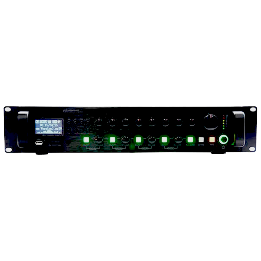 MEZCLADORA AMPLIFICADA, 4 ZONAS CON CONTROL REMOTO, 120W, USB, SD CARD, MP3, BT, RADIO FM, 100V, 4-8 OHM, SIRENA, TIMBRE