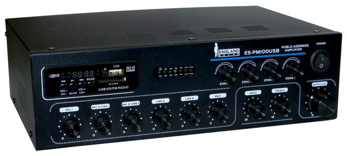 MEZCLADORA AMPLIFICADA, 3 CANALES, 4 ZONAS, 100W, USB, SD CARD, MP3, BT, RADIO FM, 70V-100V, 4-16 OHM, LCD DISPLAY