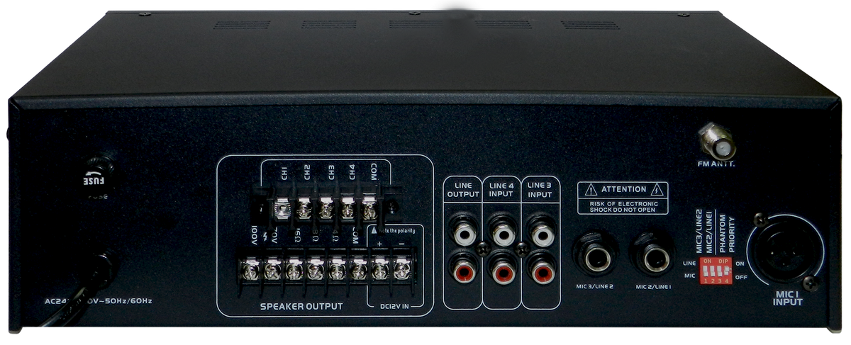 MEZCLADORA AMPLIFICADA, 3 CANALES, 4 ZONAS, 100W, USB, SD CARD, MP3, BT, RADIO FM, 70V-100V, 4-16 OHM, LCD DISPLAY