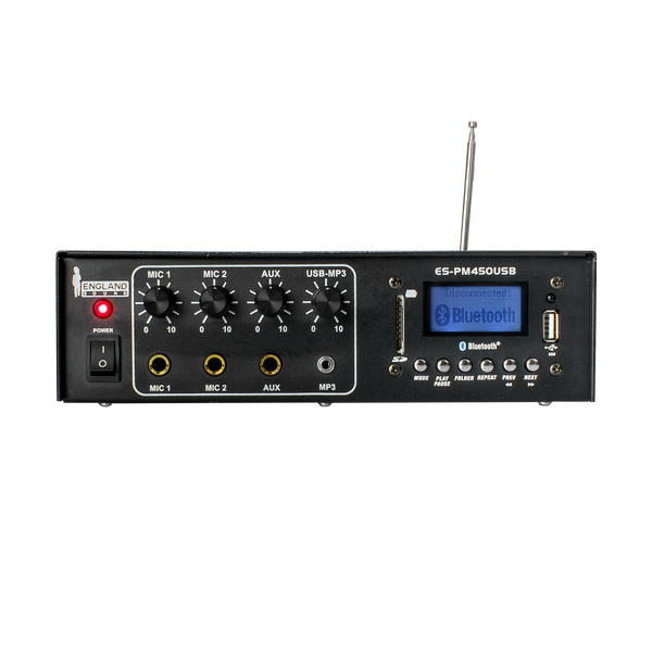 MEZCLADORA AMPLIFICADA, 2 CANALES, 45W, USB, SD CARD, MP3, FM RADIO, BT, 4-16 OHM, LCD DISPLAY