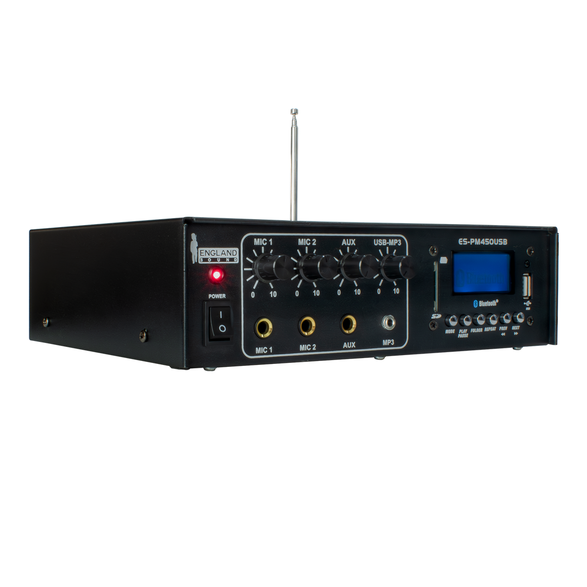 MEZCLADORA AMPLIFICADA, 2 CANALES, 45W, USB, SD CARD, MP3, FM RADIO, BT, 4-16 OHM, LCD DISPLAY