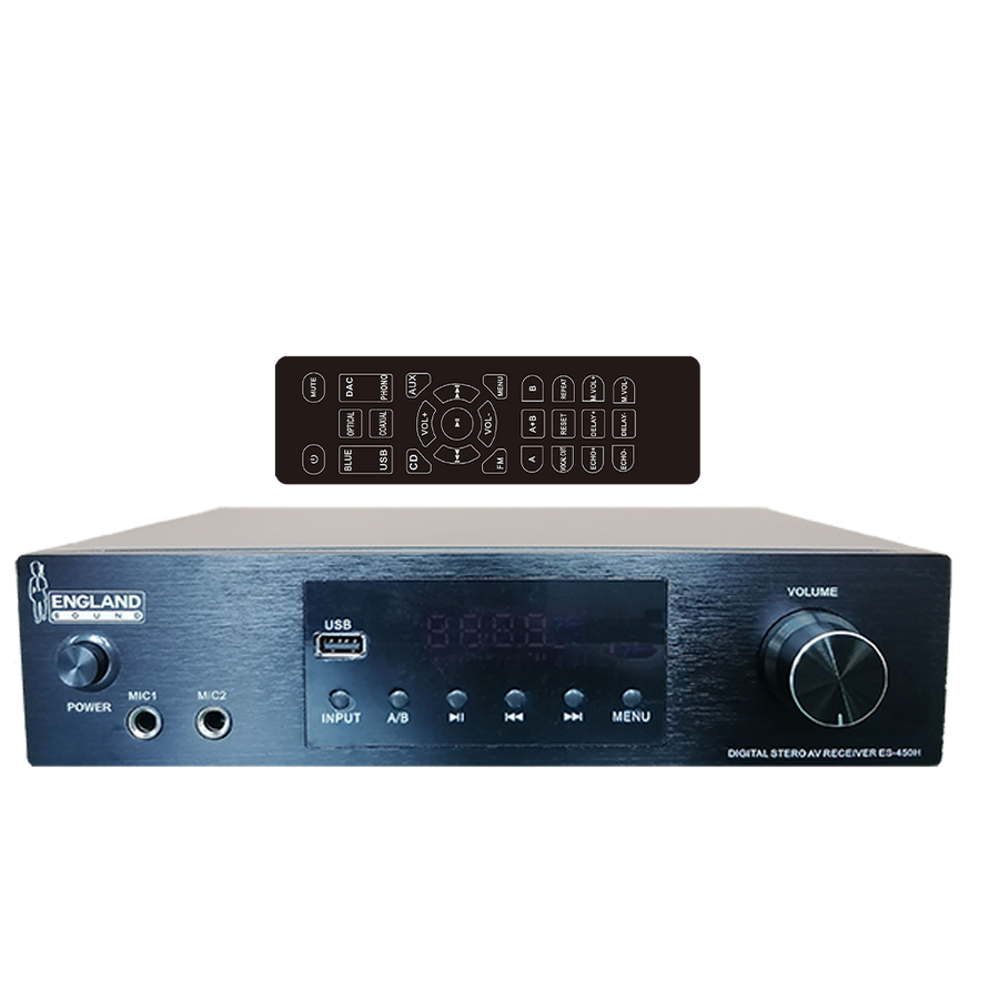AMPLIFICADOR ESTEREO CON SELECTOR DE CANAL, 2X100W, BT, USB, RCA, OPTICO, COAXIAL, DSP