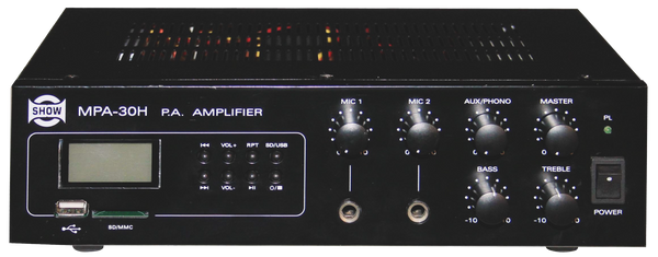 MEZCLADORA AMPLIFICADA, 2 CANALES, 30W, USB, SD CARD, MP3, 25V-70V-100V, 4 OHM, LCD DISPLAY