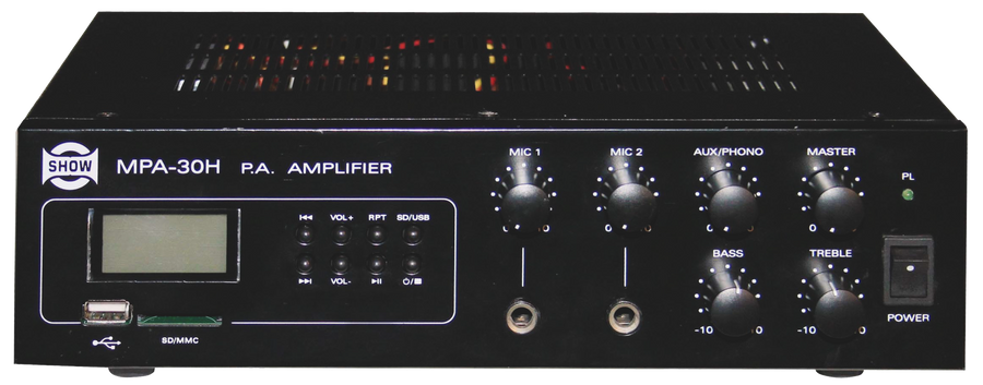 MEZCLADORA AMPLIFICADA, 2 CANALES, 30W, USB, SD CARD, MP3, 25V-70V-100V, 4 OHM, LCD DISPLAY