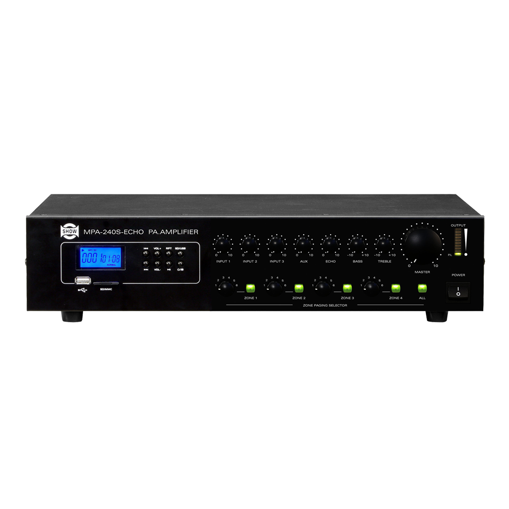 MEZCLADORA AMPLIFICADA, 3 CANALES, 240W, FUNCION ECHO, USB, SD CARD, MP3, 25V-70V-100V, 4 OHM, LCD DISPLAY
