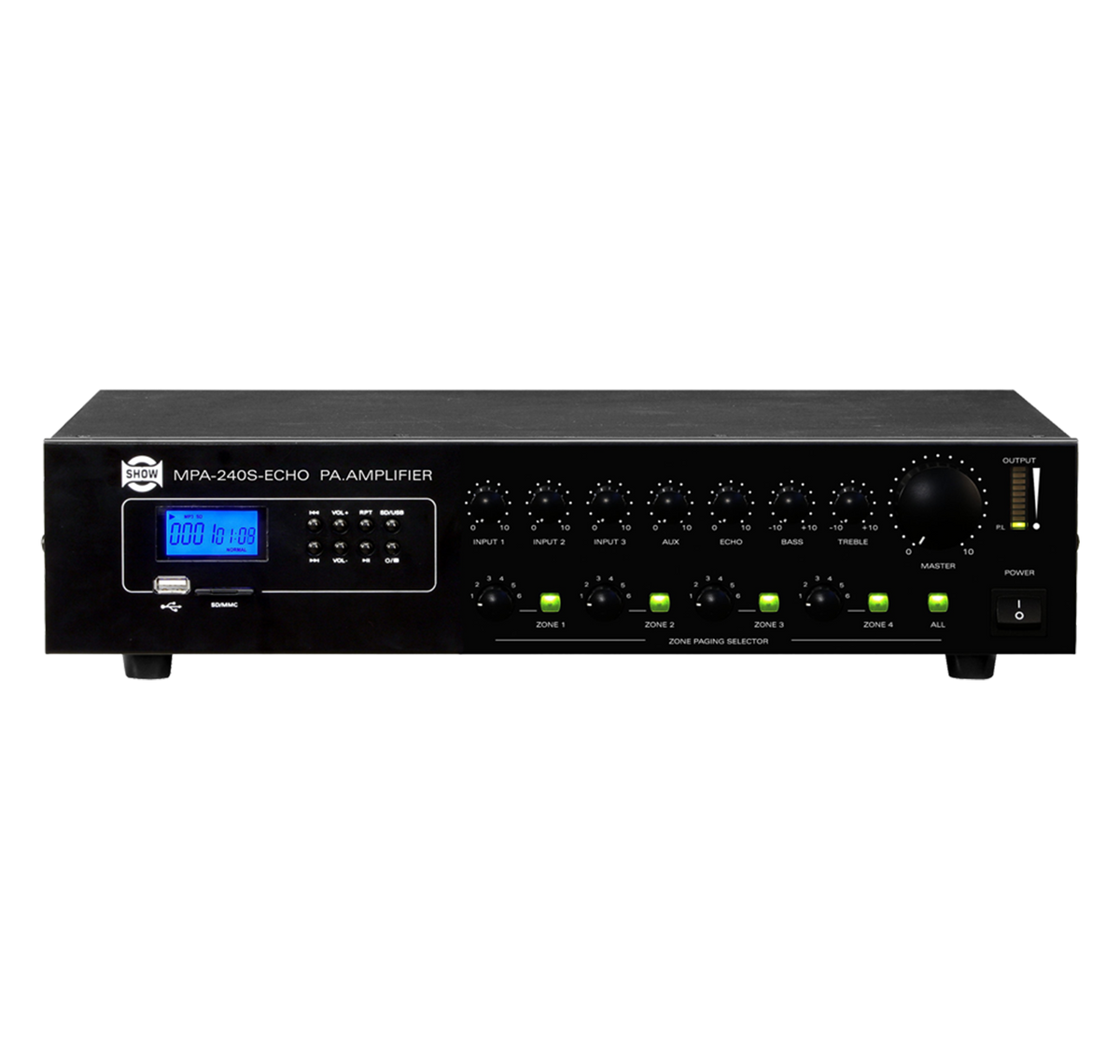 MEZCLADORA AMPLIFICADA, 3 CANALES, 240W, FUNCION ECHO, USB, SD CARD, MP3, 25V-70V-100V, 4 OHM, LCD DISPLAY