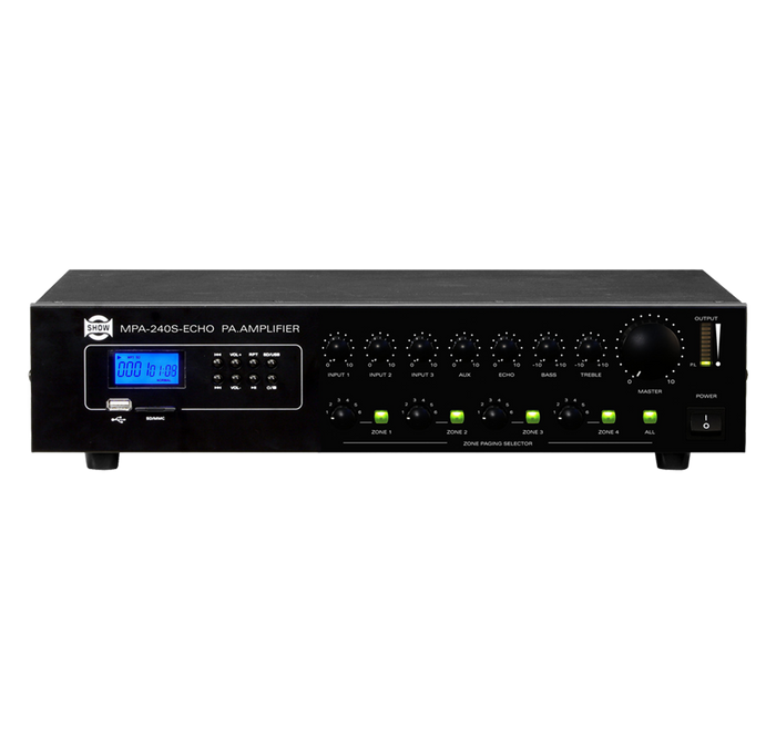 MEZCLADORA AMPLIFICADA, 3 CANALES, 240W, FUNCION ECHO, USB, SD CARD, MP3, 25V-70V-100V, 4 OHM, LCD DISPLAY