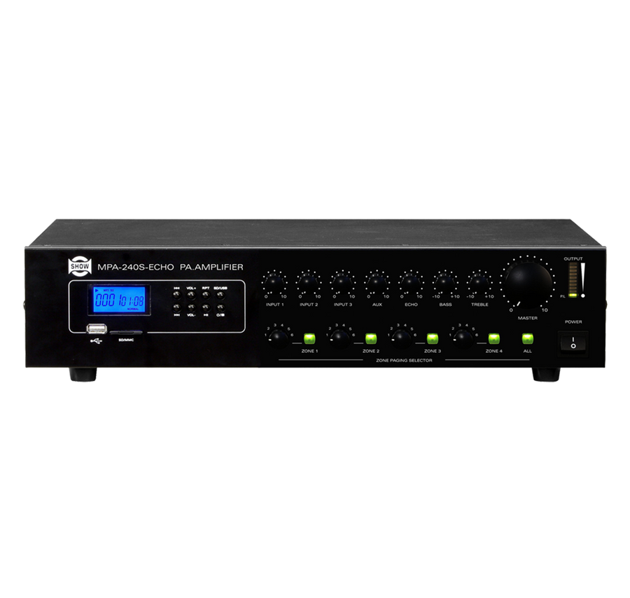 MEZCLADORA AMPLIFICADA, 3 CANALES, 240W, FUNCION ECHO, USB, SD CARD, MP3, 25V-70V-100V, 4 OHM, LCD DISPLAY