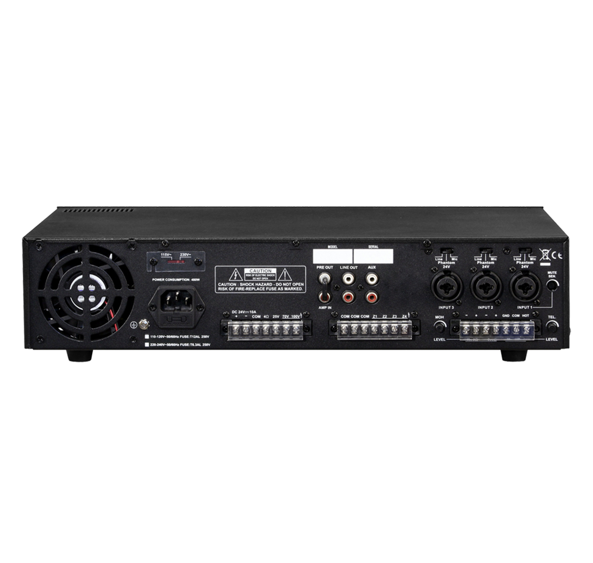 MEZCLADORA AMPLIFICADA, 3 CANALES, 240W, FUNCION ECHO, USB, SD CARD, MP3, 25V-70V-100V, 4 OHM, LCD DISPLAY