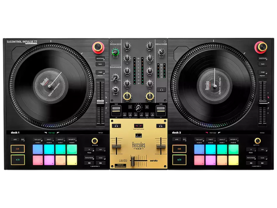 CONTROLADOR DJ GOLD 2 CANALES, SERATO, DJUCED, PLATOS METALICOS MOTORIZADOS A 33 RPM EDICION ESPECIAL