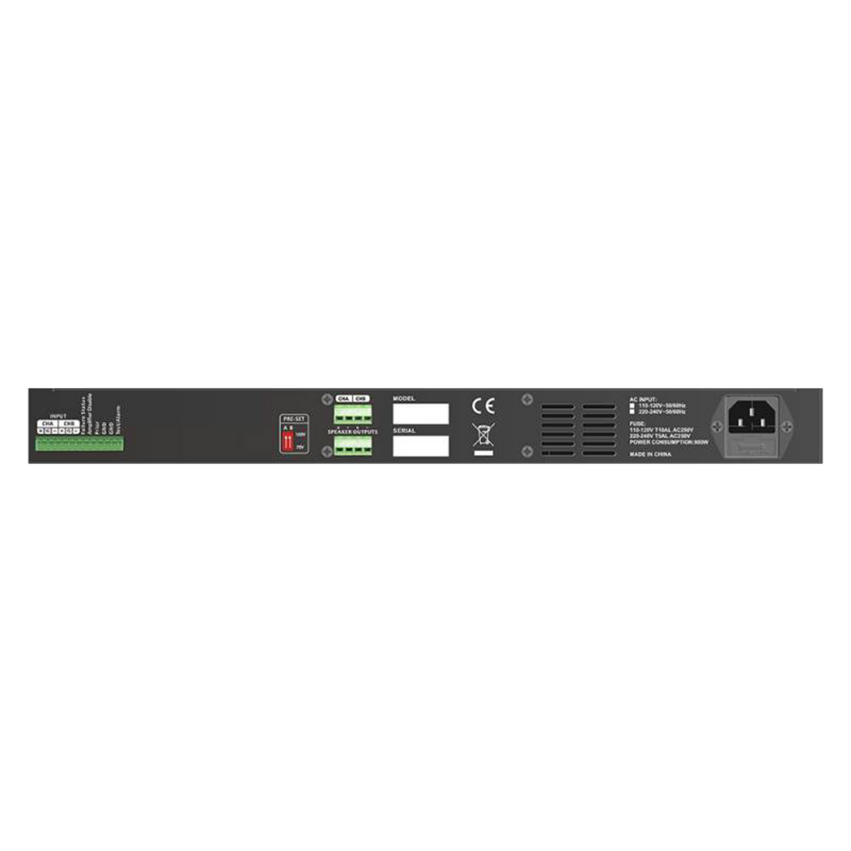 POTENCIA AMPLIFICADA PA, CLASE D,  2 CANALES, 1 CANAL-480W X 2, TODOS LOS CANALES-400W X 2, 70V-100V