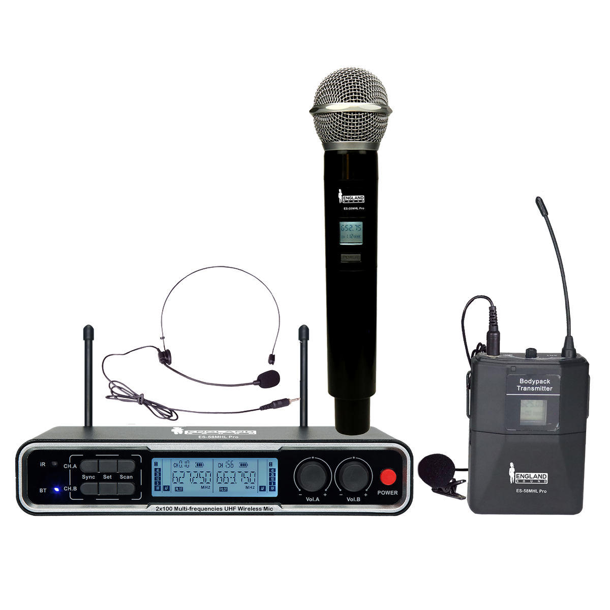 MICROFONO INALAMBRICO UHF DIVERSITY MULTIFRECUENCIA, 2 CANALES, DE MANO/DE DIADEMA Y CORBATA, CARCASA METALICA, BT, INCLUYE MALETA