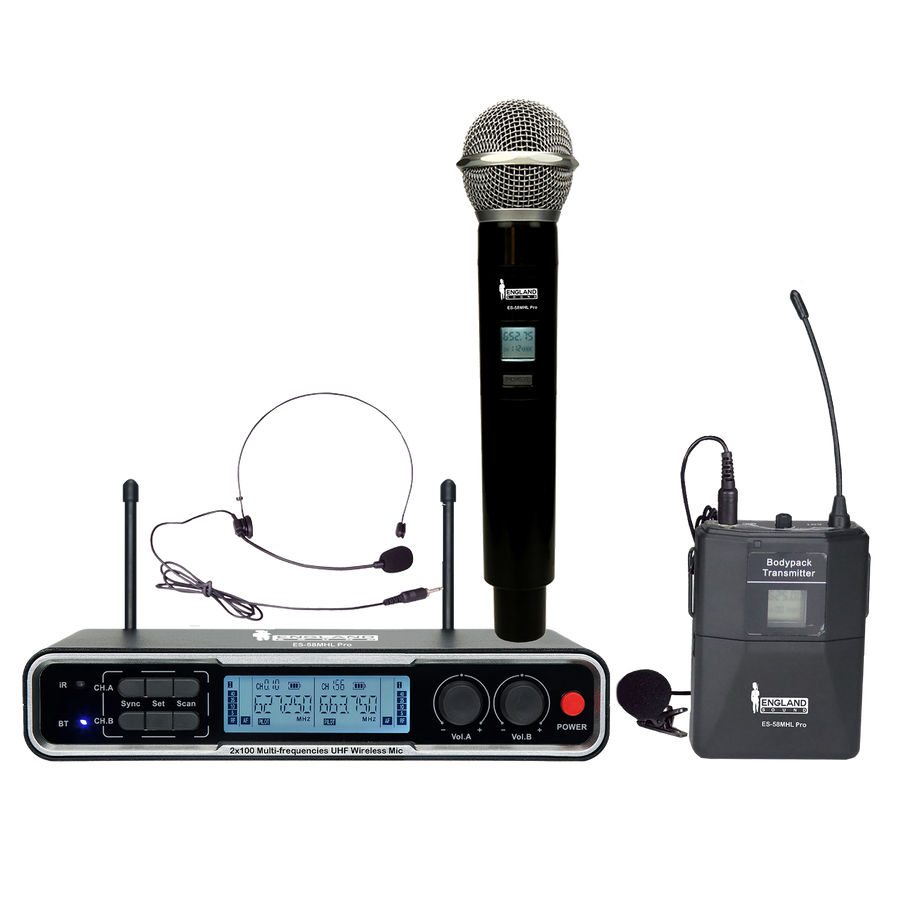 MICROFONO INALAMBRICO UHF DIVERSITY MULTIFRECUENCIA, 2 CANALES, DE MANO/DE DIADEMA Y CORBATA, CARCASA METALICA, BT, INCLUYE MALETA