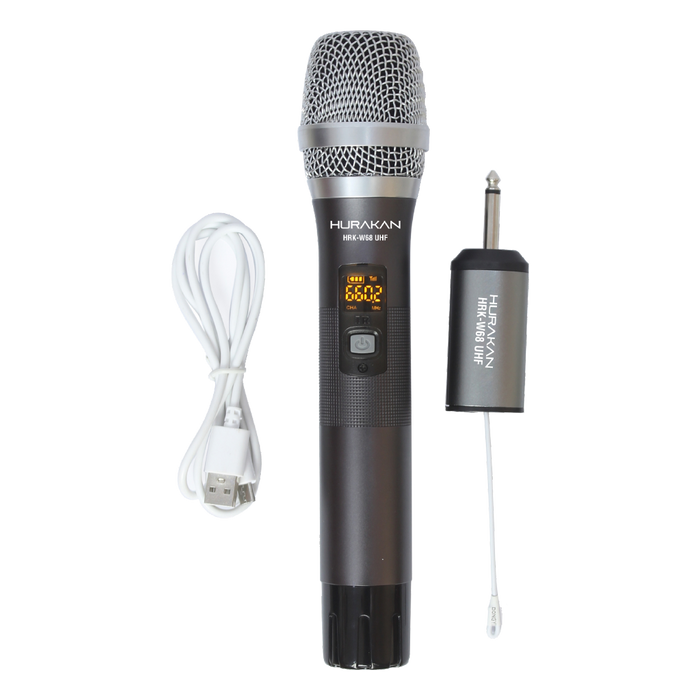 MICROFONO INALAMBRICO UHF MULTIFRECUENCIA, 1 CANAL, DE MANO, RECEPTOR PORTATIL RECARGABLE
