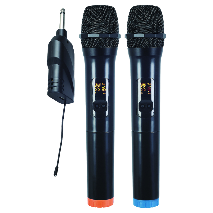 MICROFONO INALAMBRICO UHF MULTIFRECUENCIA, 2 CANALES, DE MANO, RECEPTOR PORTATIL RECARGABLE