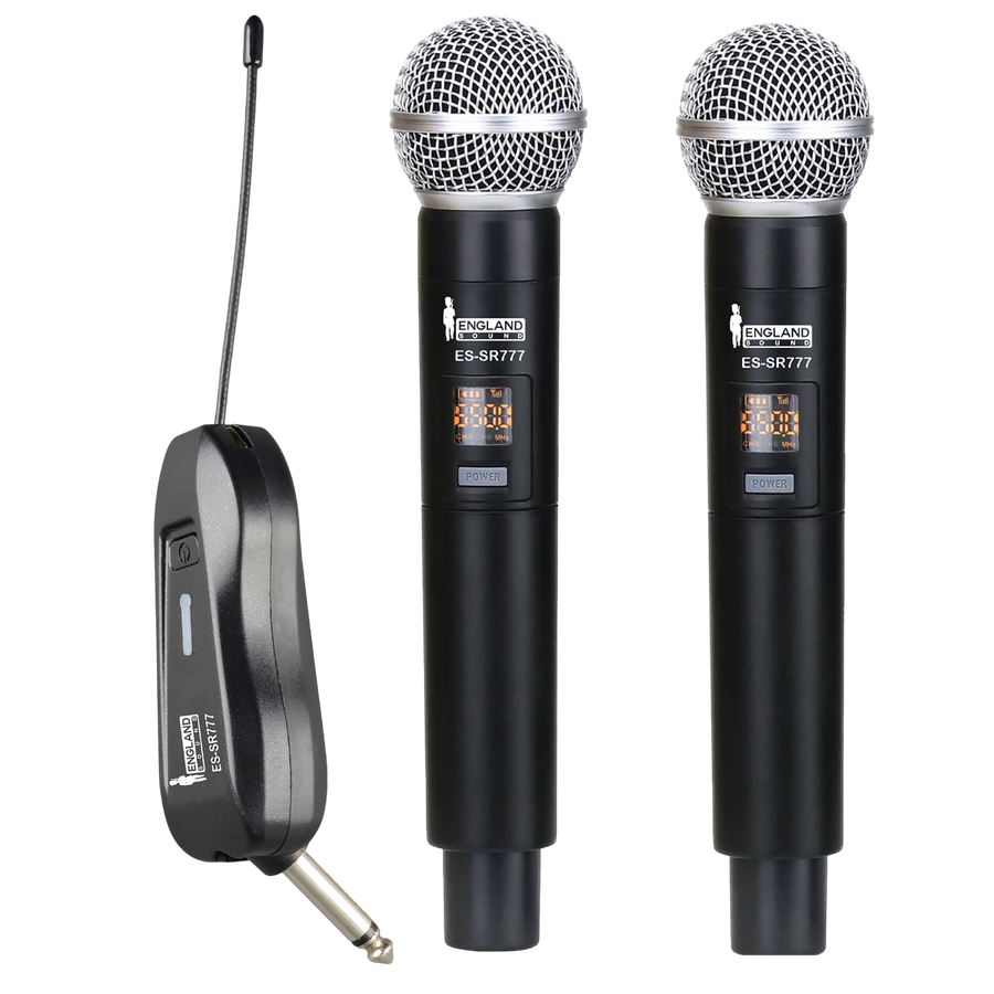 MICROFONO INALAMBRICO UHF MULTIFRECUENCIA, 2 CANALES, DE MANO, RECEPTOR PORTATIL RECARGABLE