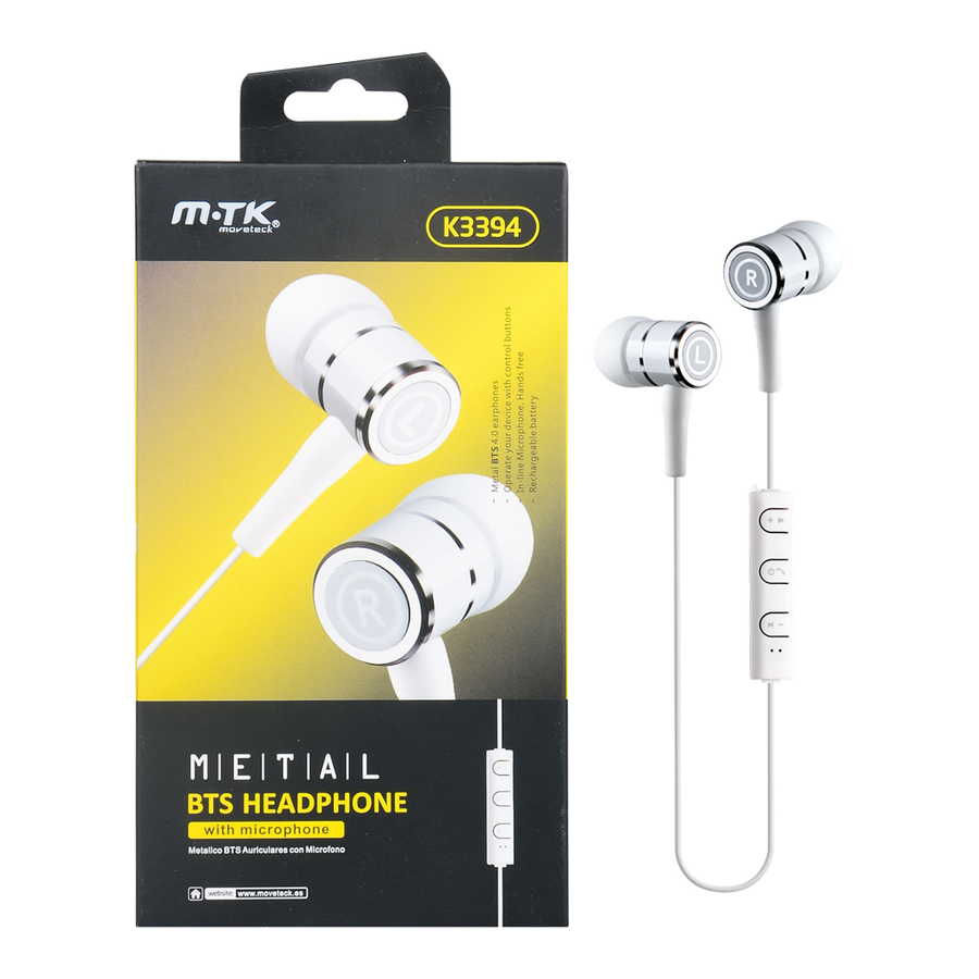 AUDIFONOS ESTEREO METALICO IN-EAR CON MICROFONO, CONTROL DE VOLUMEN, BLUETOOTH