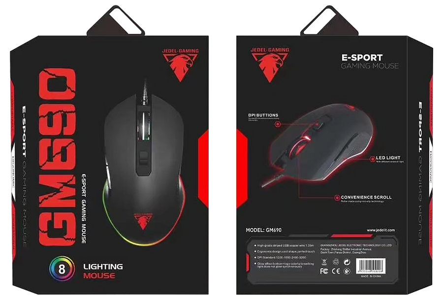 Mouse Gaming de Cable Retroiluminado , 6D , Luces RGB 8 Multicolores , JEDEL GAMING GM690