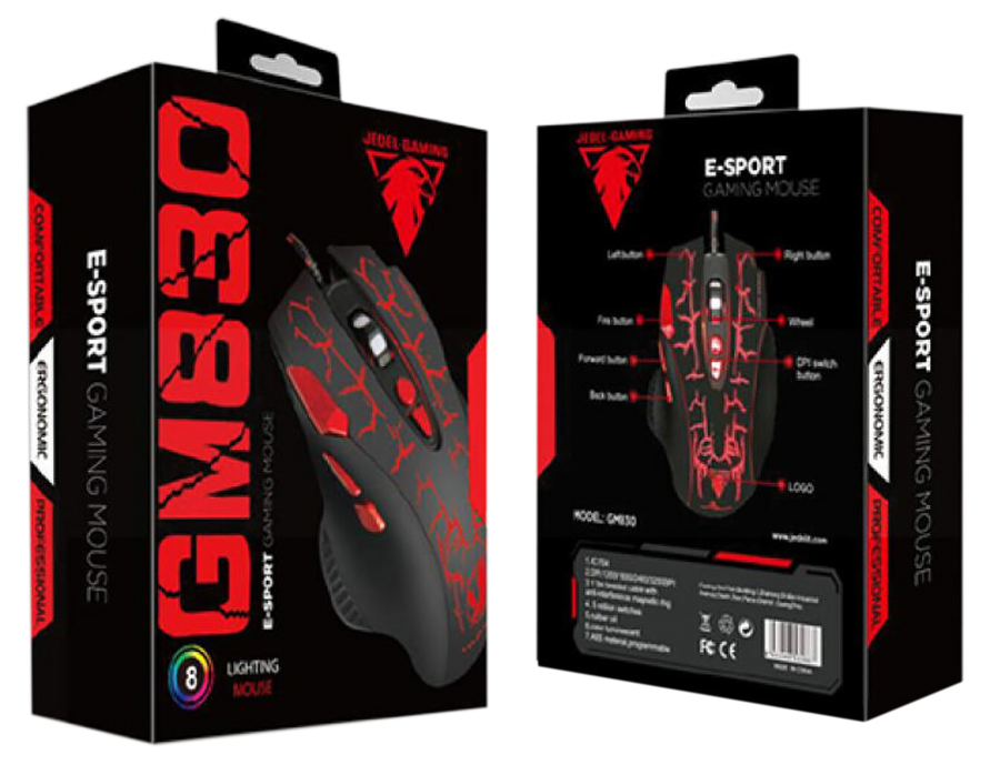 Mouse Gaming de Cable Retroiluminado , 8D , Luz RGB 8 Colores , JEDEL GAMING GM830