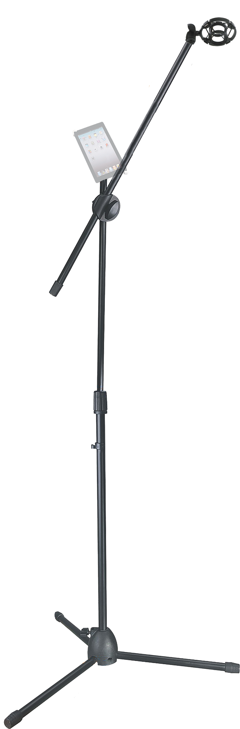 SOPORTE DE PISO BASE TRIPODE PARA MICROFONO CON BOOM Y SUJETADORES DE PRESION Y TIPO ARAÑA, ALTURA 80-130CM, INCLUYE SUJETADORES PARA TABLET Y TELEFONO