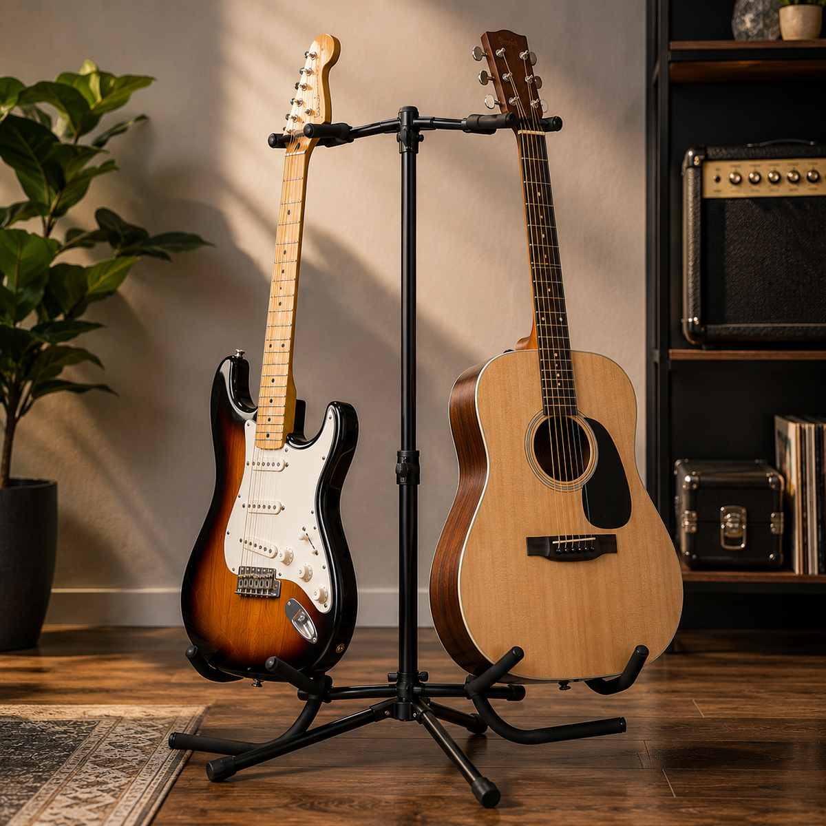 SOPORTE DE PISO BASE TRIPODE PARA GUITARRA DOBLE, ALTURA 60-80CM