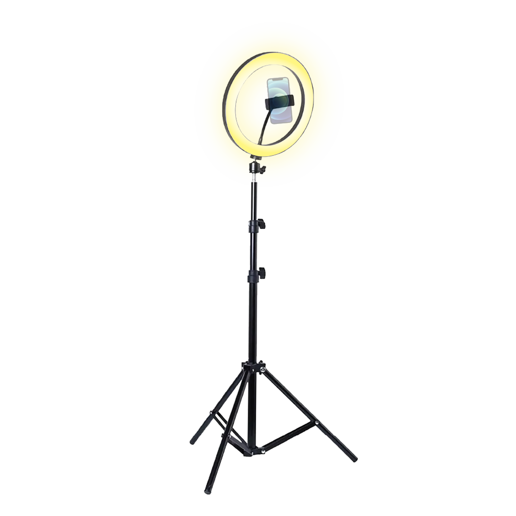 SOPORTE DE STREAMING PARA PISO BASE TRIPODE, PARA UN CELULAR, ARO DE LUZ 26CM, ALTURA HASTA 210CM