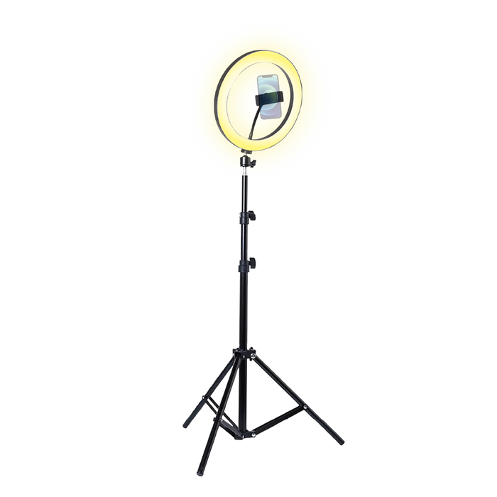 SOPORTE DE STREAMING PARA PISO BASE TRIPODE, PARA UN CELULAR, ARO DE LUZ 26CM, ALTURA HASTA 210CM