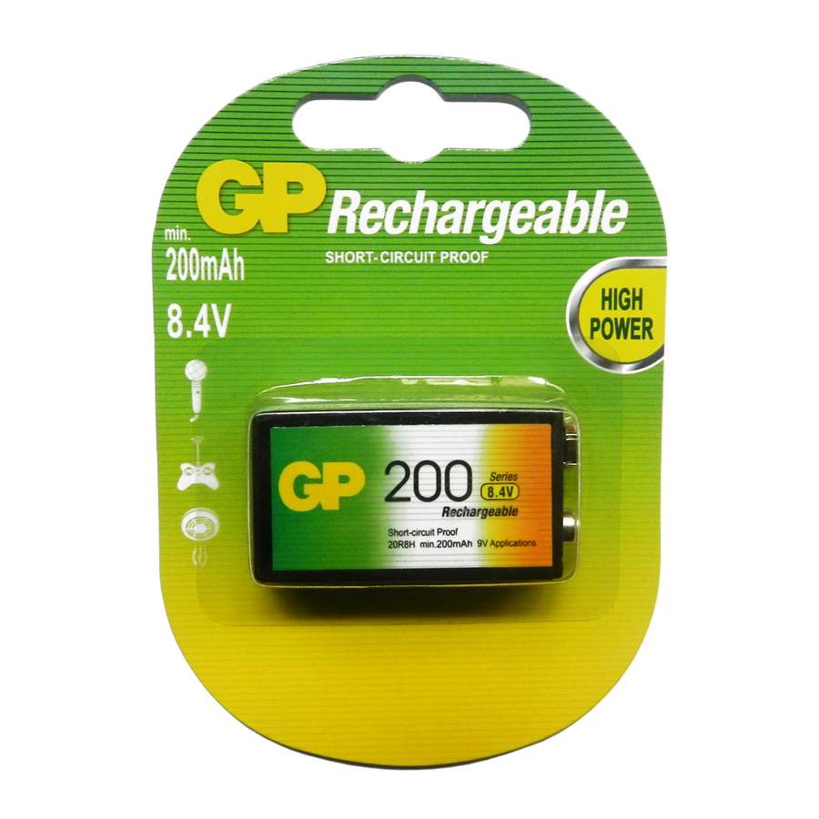 Pila/Bateria Recargable Aplicada a 9V NI-MH 200 mAh 8.4 V 8.4 V GP GP20R8H-2LA1-GPRHV208R019