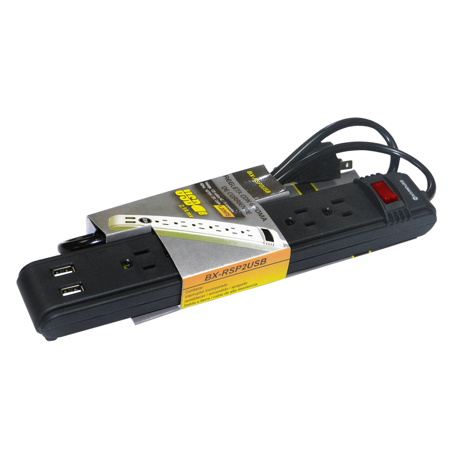 REGLETA 6 TOMAS CON CORTAPICOS, 2 PUERTOS USB 2.1A, 15A, LONGITUD DE CABLE 1.2MTS