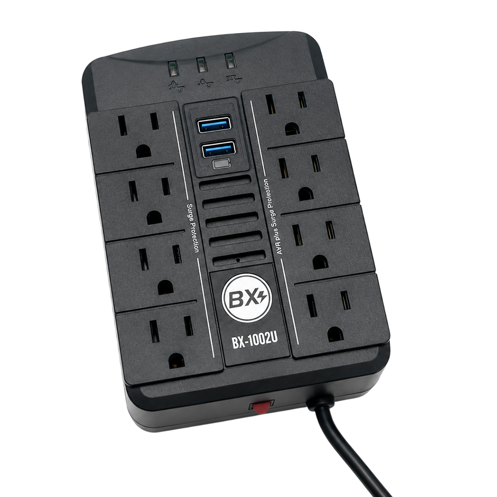 REGULADOR DE VOLTAJE AUTOMATICO, 250 WATTS, 8 TOMAS, 2 PUERTOS RJ45, 2 PUERTOS USB