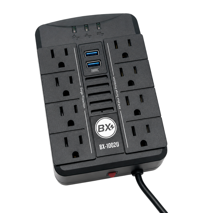 REGULADOR DE VOLTAJE AUTOMATICO, 250 WATTS, 8 TOMAS, 2 PUERTOS RJ45, 2 PUERTOS USB