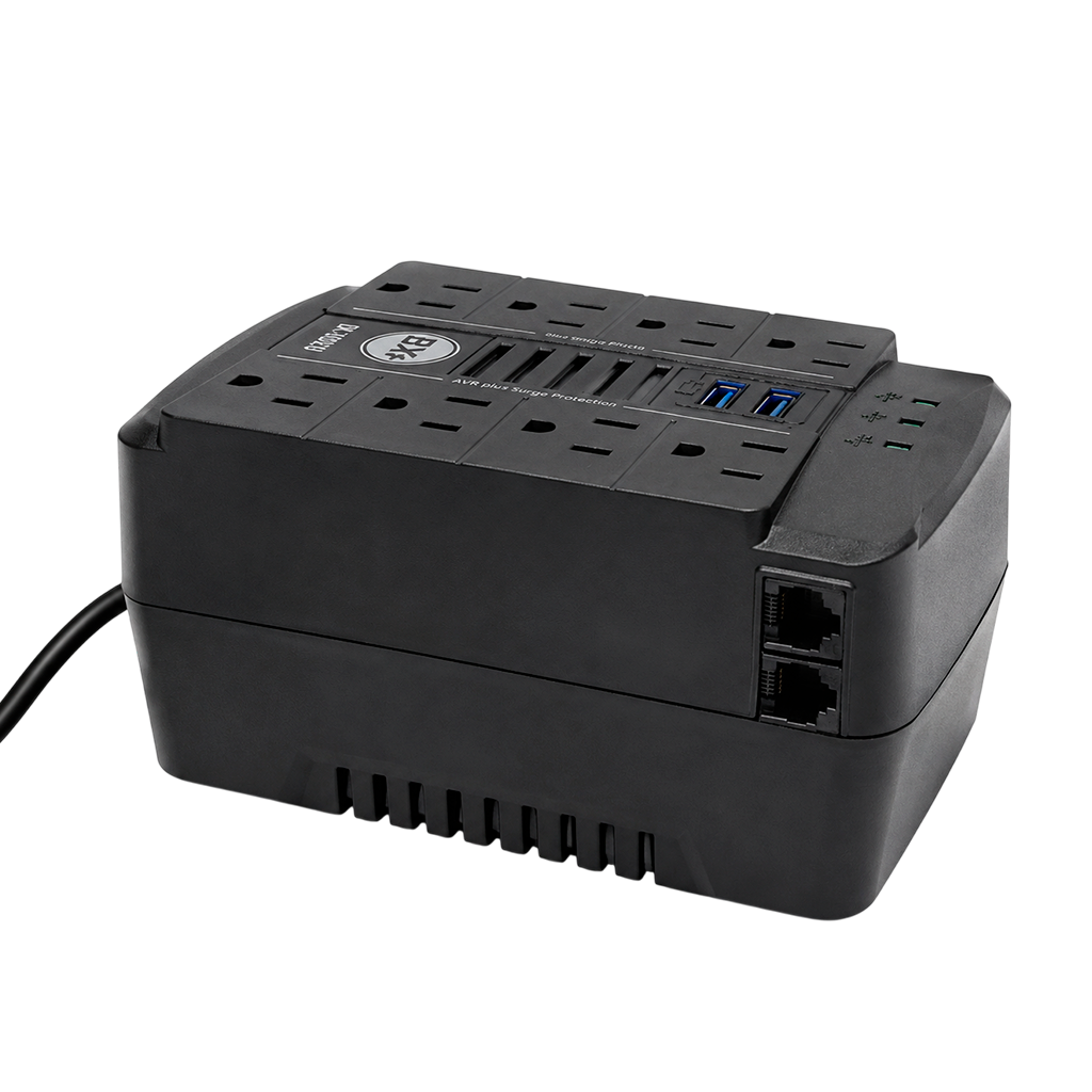 REGULADOR DE VOLTAJE AUTOMATICO, 250 WATTS, 8 TOMAS, 2 PUERTOS RJ45, 2 PUERTOS USB