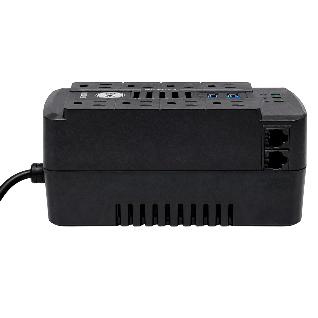 REGULADOR DE VOLTAJE AUTOMATICO, 250 WATTS, 8 TOMAS, 2 PUERTOS RJ45, 2 PUERTOS USB