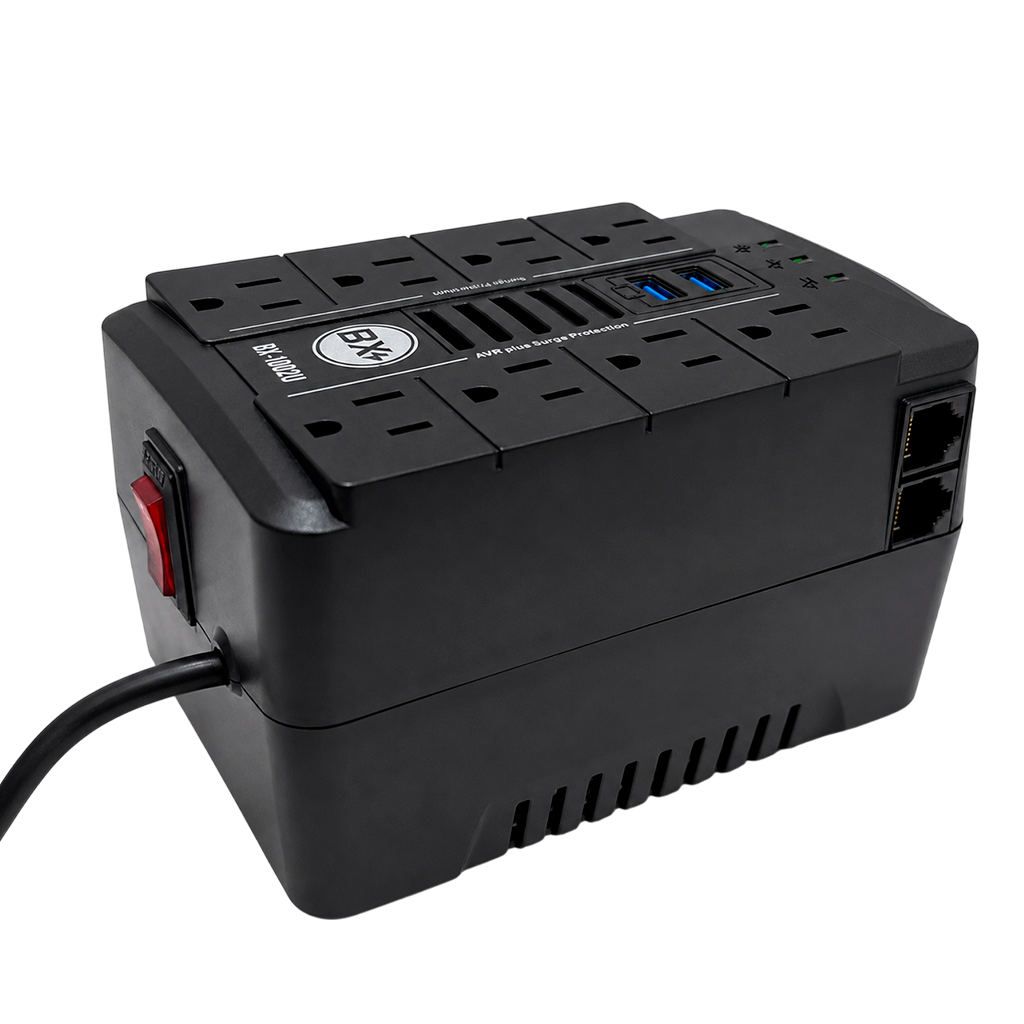 REGULADOR DE VOLTAJE AUTOMATICO, 250 WATTS, 8 TOMAS, 2 PUERTOS RJ45, 2 PUERTOS USB