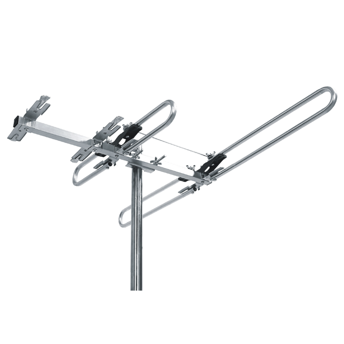 ANTENA PARA EXTERIOR, MULTICANAL VHF-UHF, ALCANCE 50-80KM, 4 ELEMENTOS, CABLE 8MT RG59 COAXIAL
