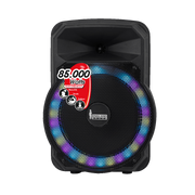 CAJA AMPLIFICADA CON BATERIA 10 PULG., 85.000W PMOP, REPRODUCTOR ANALOGICO DIGITAL, ENTRADA MIC 1/4, 3.5MM , EFECTO ECO, BASS & TREBLE, LUZ LED RGB, INCLUYE UN MICROFONO