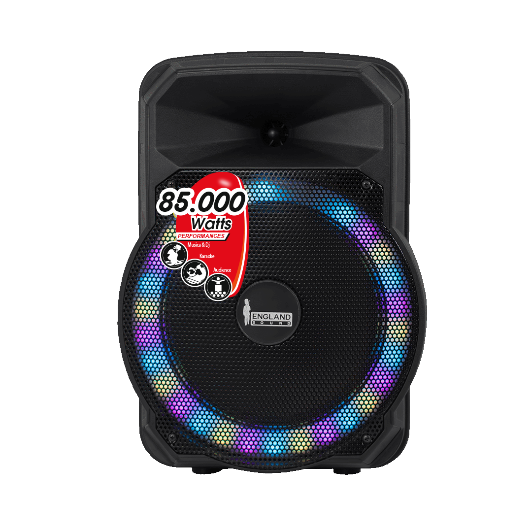 CAJA AMPLIFICADA CON BATERIA 10 PULG., 85.000W PMOP, REPRODUCTOR ANALOGICO DIGITAL, ENTRADA MIC 1/4, 3.5MM , EFECTO ECO, BASS & TREBLE, LUZ LED RGB, INCLUYE UN MICROFONO